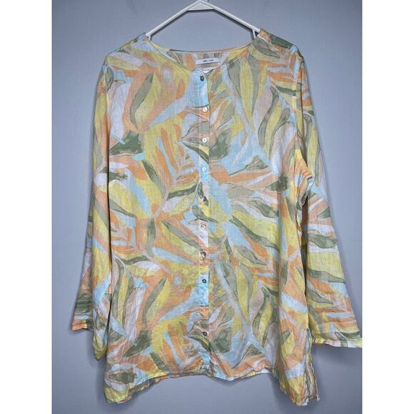 Rachel Zoe 100% Linen Tunic Shirt Button Up Pastel Floral Roll Tab Plus Size 1X - Picture 2 of 8